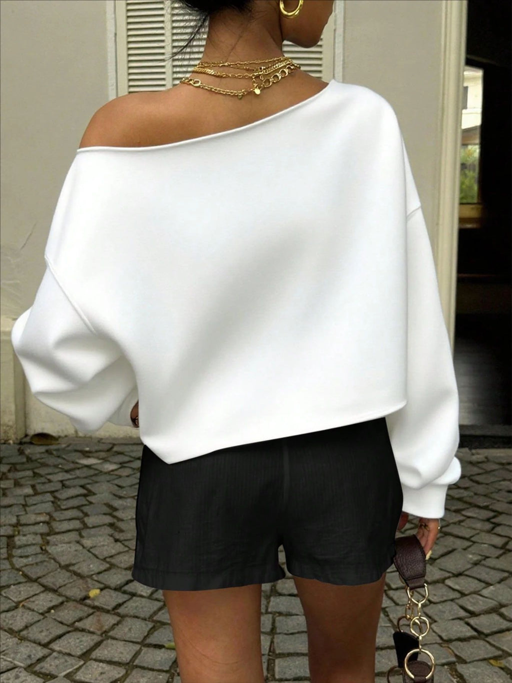 Off Shoulder Cropped Sweatshirt In Textured Knit - White - 1