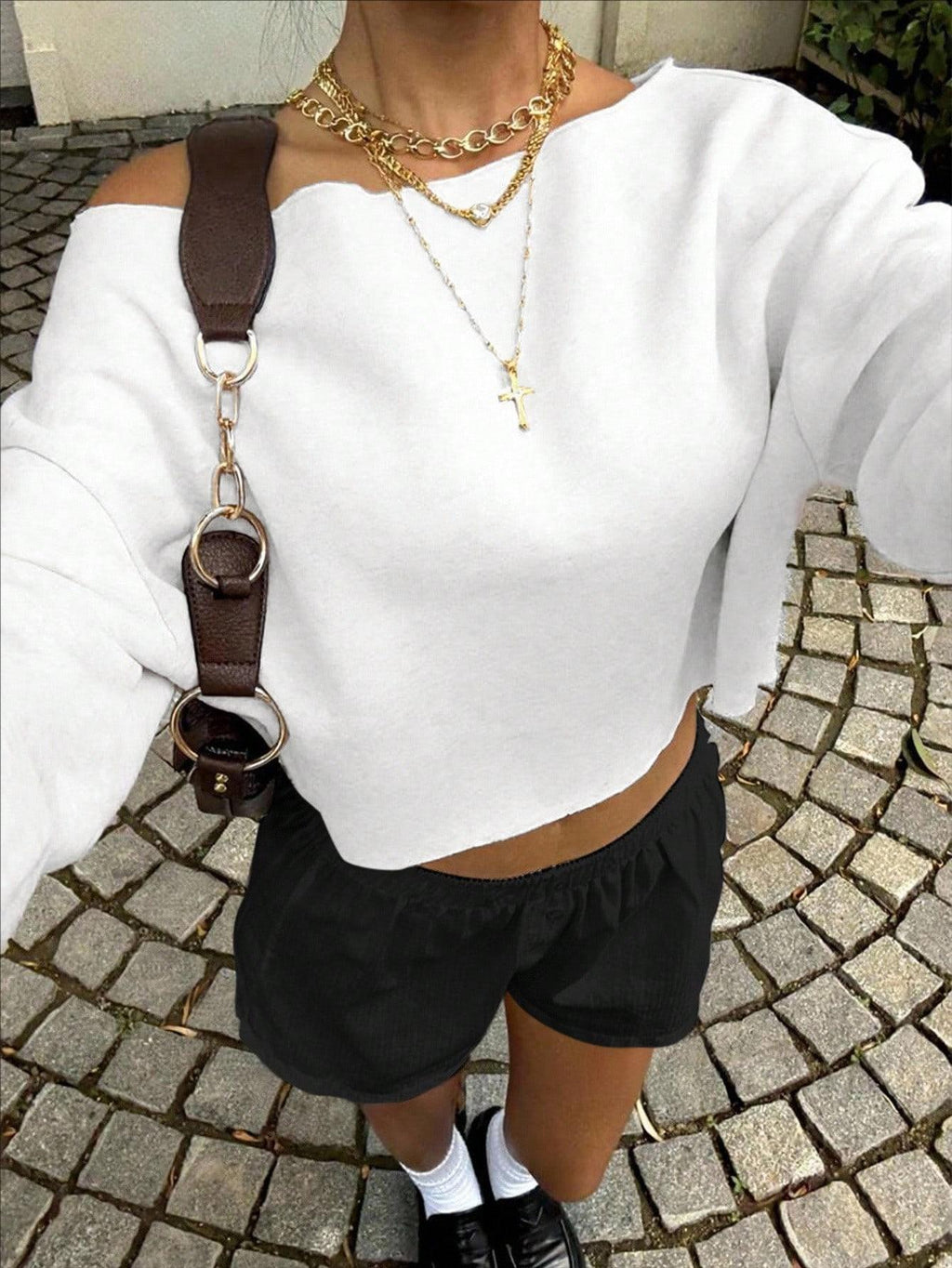 Off Shoulder Cropped Sweatshirt In Textured Knit - White - 2