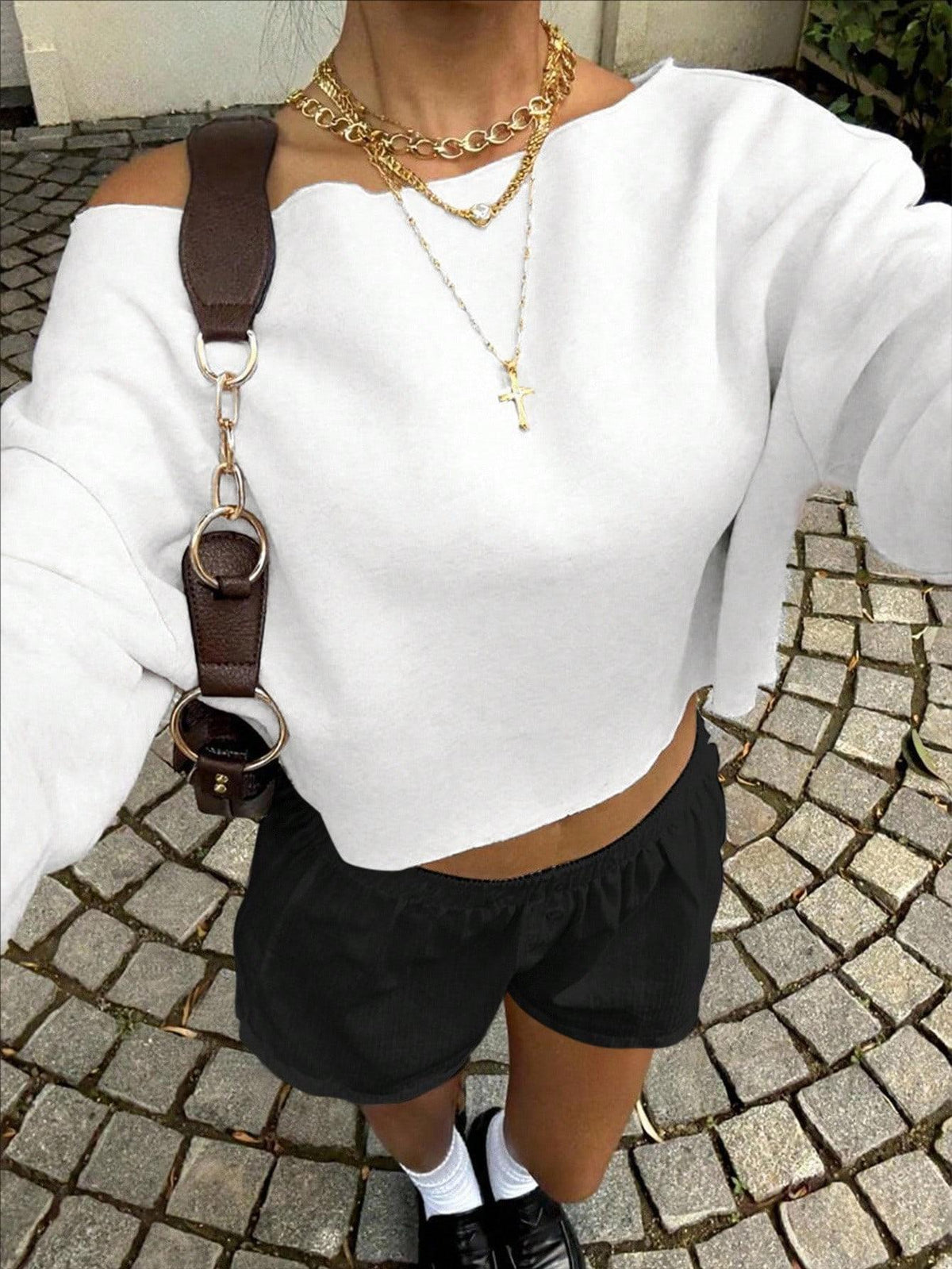 Off Shoulder Cropped Sweatshirt In Textured Knit - White - 2
