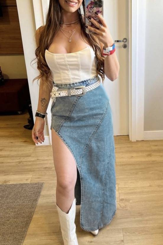 Western High Slit Denim Maxi Skirt - blue
