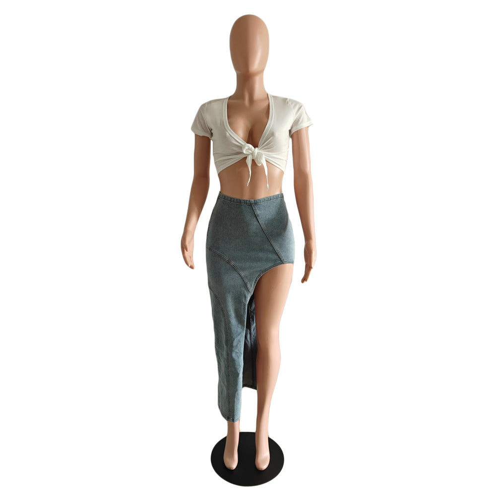 Western High Slit Denim Maxi Skirt - blue - 1