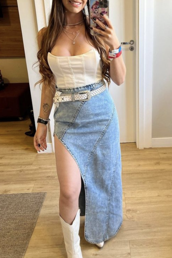 Western High Slit Denim Maxi Skirt - blue - 2