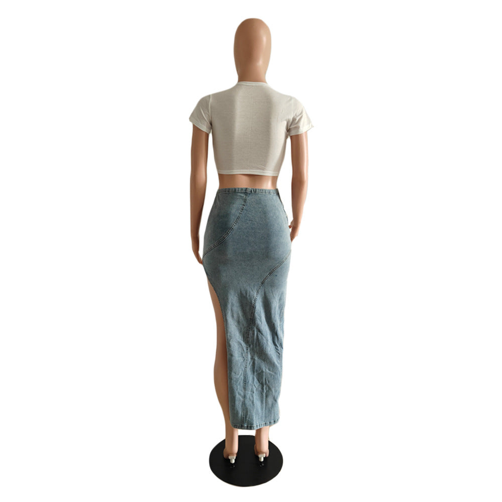 Western High Slit Denim Maxi Skirt - blue - 4