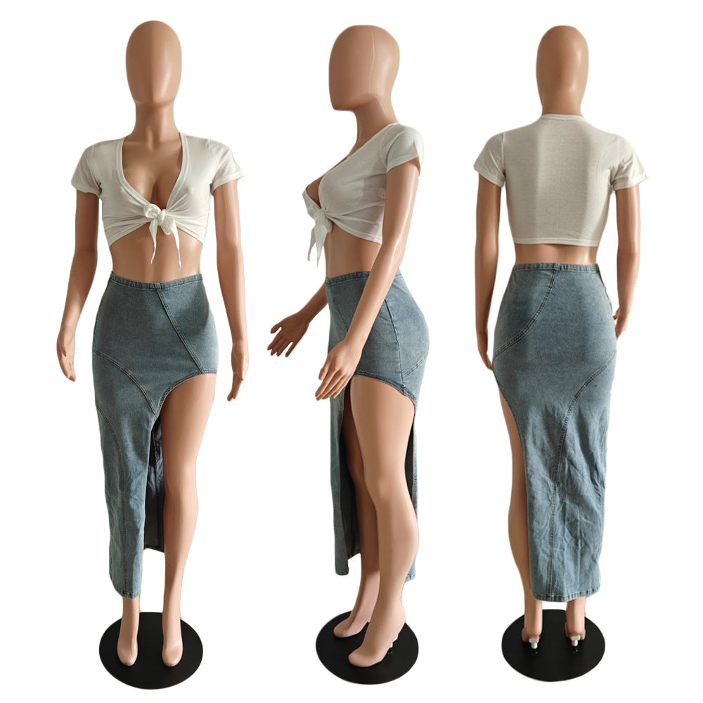 Western High Slit Denim Maxi Skirt - blue - 5
