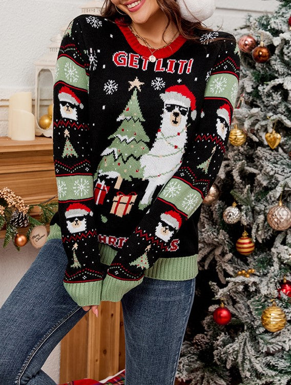 Alpaca Christmas Tree Slogan Knit Sweater - Black - 1