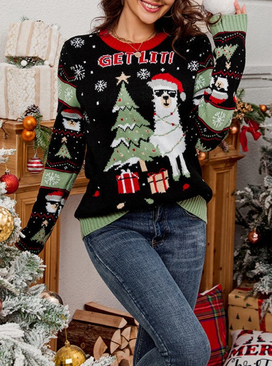 Alpaca Christmas Tree Slogan Knit Sweater - Black - 2