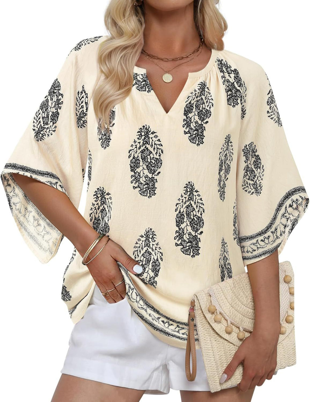 Boho Print Flare Sleeve V Neck Blouse - Apricot