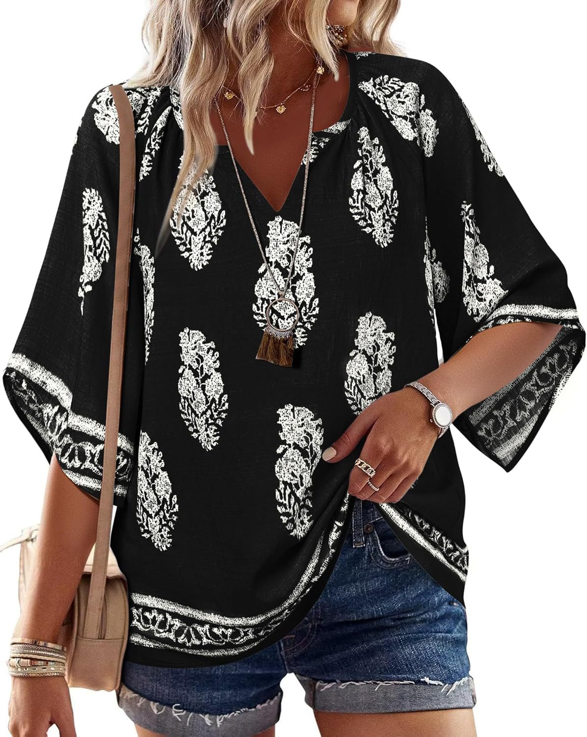 Boho Print Flare Sleeve V Neck Blouse - Black