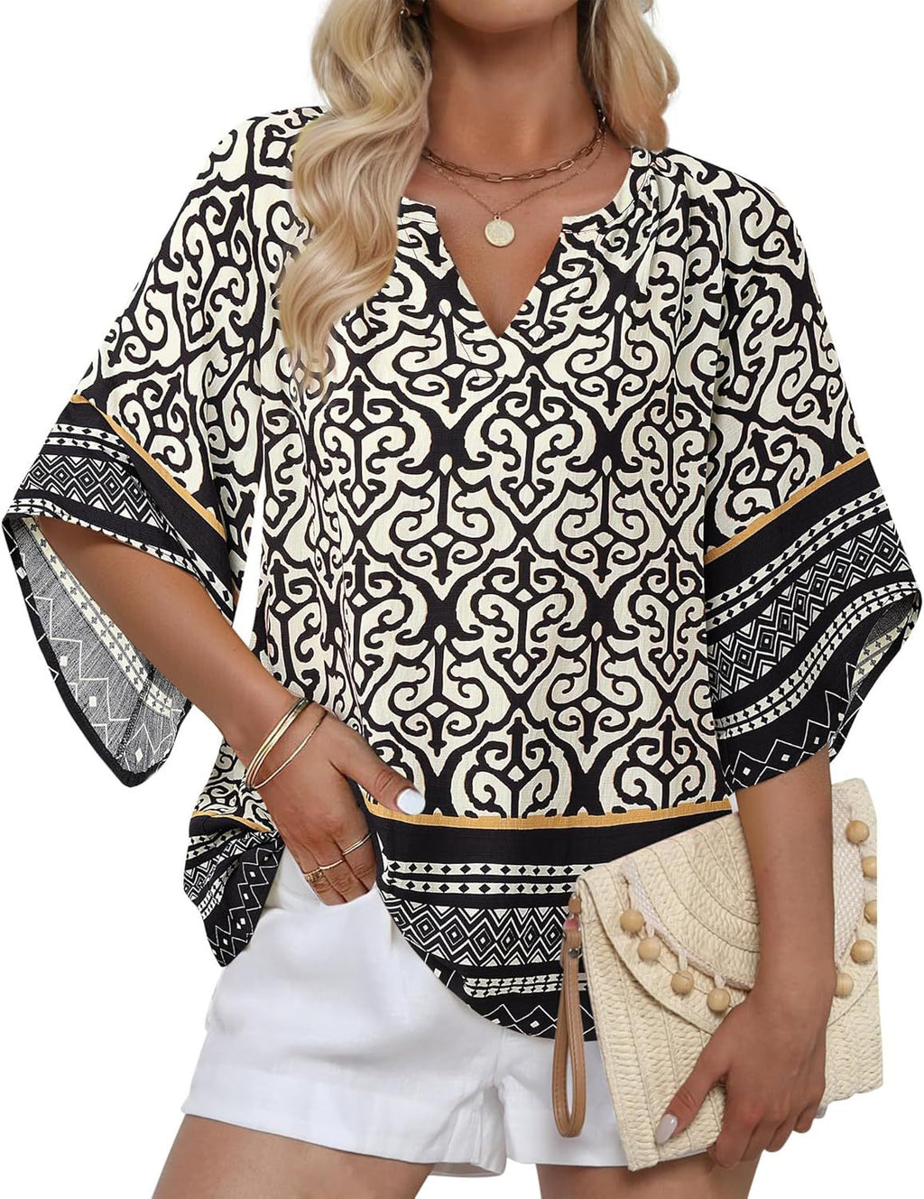 Boho Print Flare Sleeve V Neck Blouse - Black_A