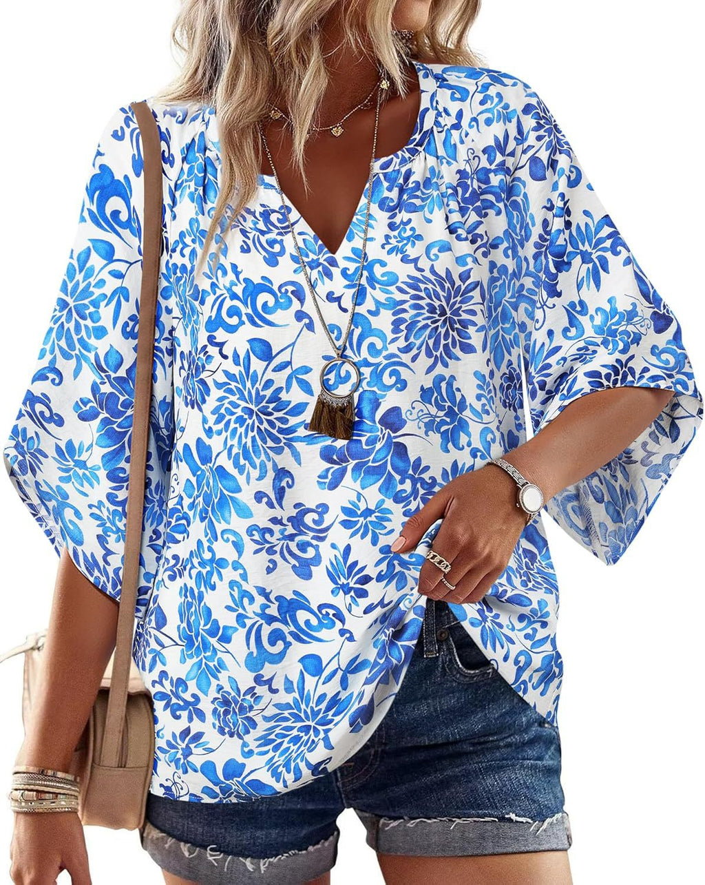 Boho Print Flare Sleeve V Neck Blouse - Blue