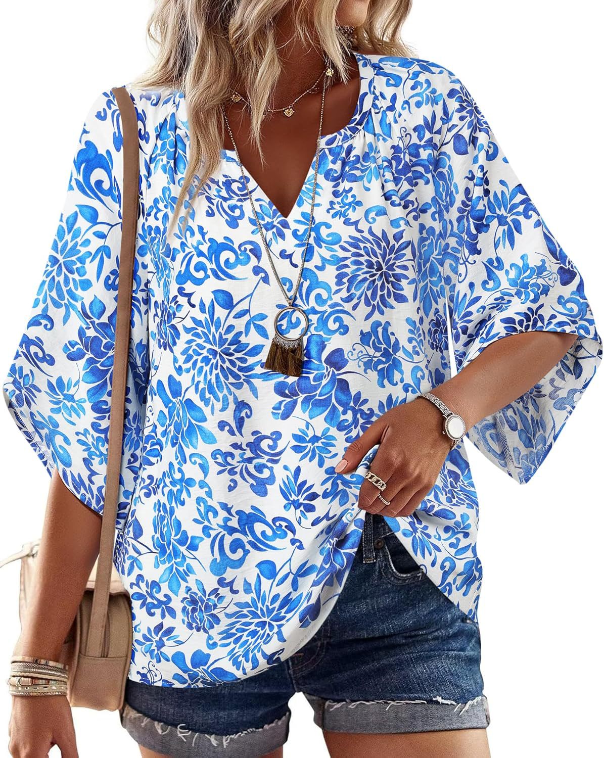 Boho Print Flare Sleeve V Neck Blouse - Blue