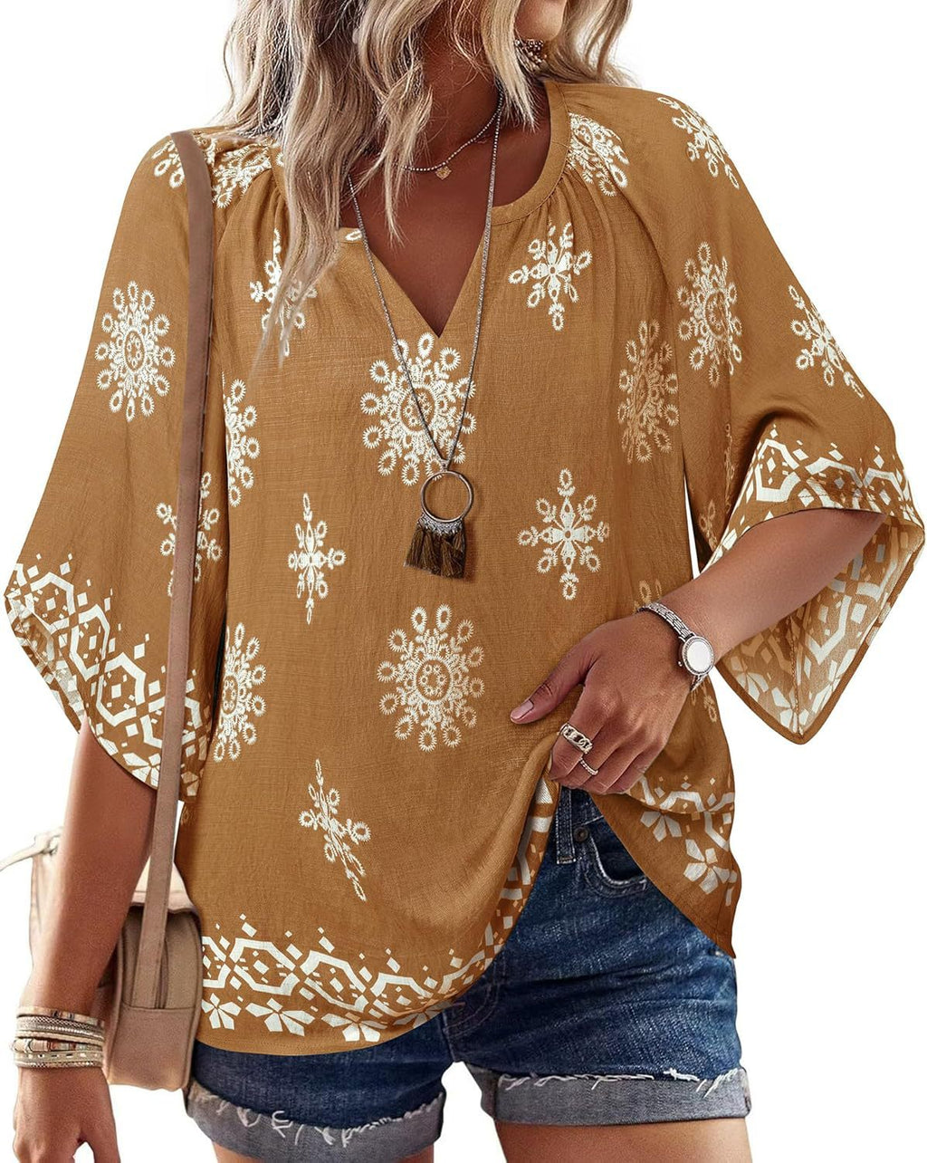Boho Print Flare Sleeve V Neck Blouse - Brown