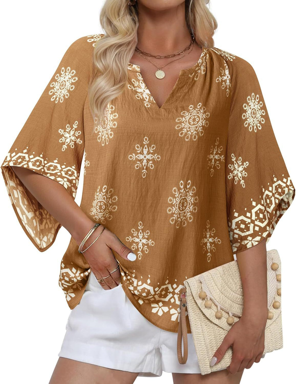 Boho Print Flare Sleeve V Neck Blouse - Brown - 1
