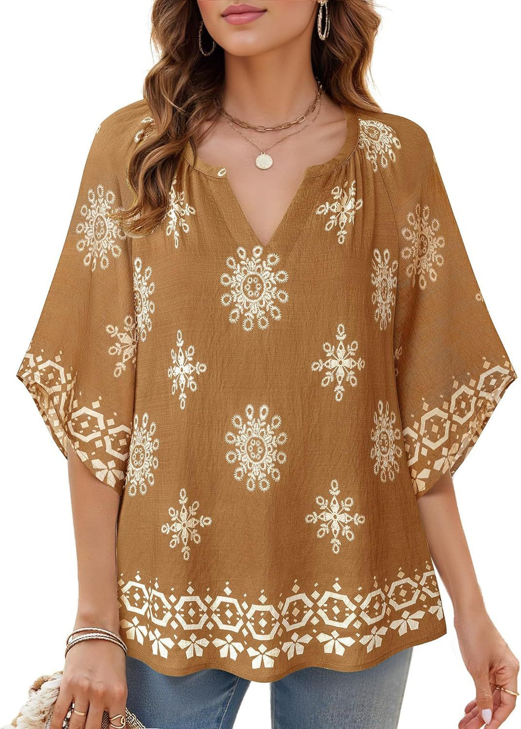 Boho Print Flare Sleeve V Neck Blouse - Brown - 2