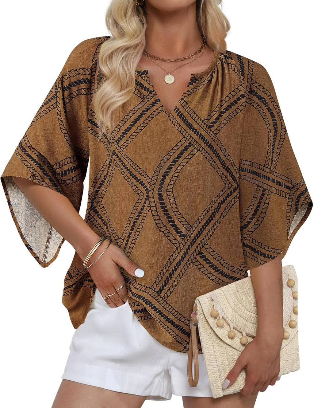 Boho Print Flare Sleeve V Neck Blouse - Coffee