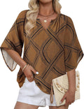 Boho Print Flare Sleeve V Neck Blouse - Coffee