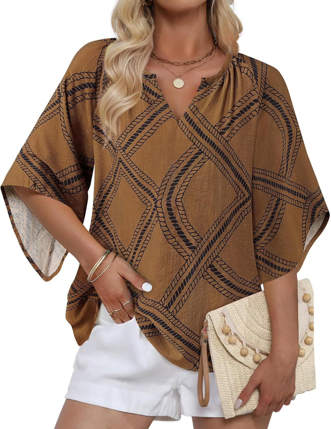 Boho Print Flare Sleeve V Neck Blouse - Coffee