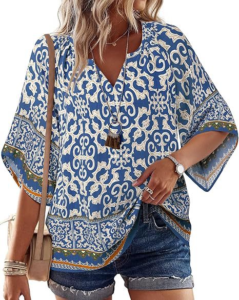 Boho Print Flare Sleeve V Neck Blouse - DarkBlue