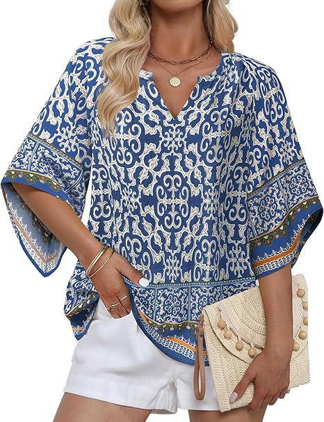 Boho Print Flare Sleeve V Neck Blouse - DarkBlue - 1