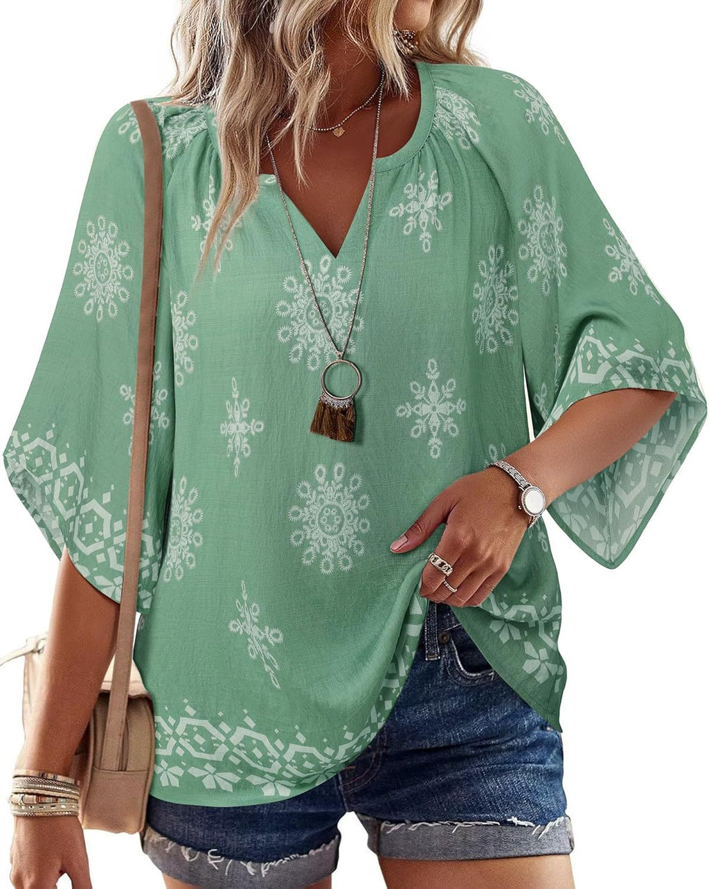 Boho Print Flare Sleeve V Neck Blouse - LtGreen