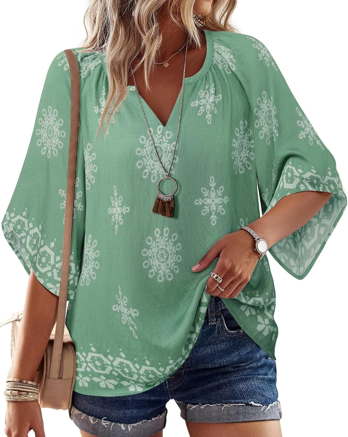 Boho Print Flare Sleeve V Neck Blouse - LtGreen