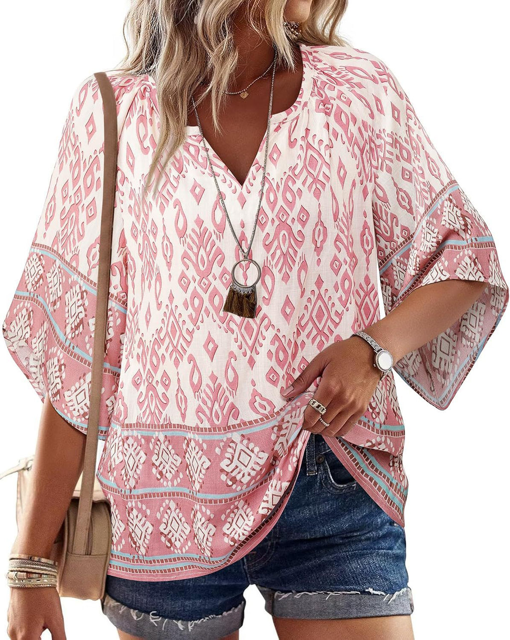 Boho Print Flare Sleeve V Neck Blouse - Pink