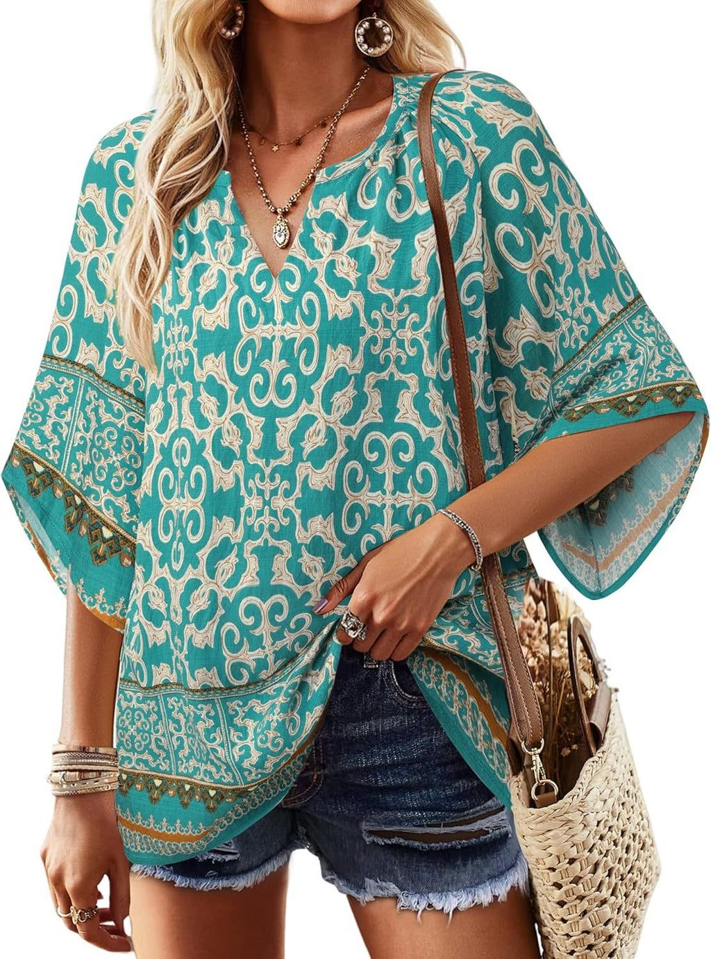 Boho Print Flare Sleeve V Neck Blouse - Teal
