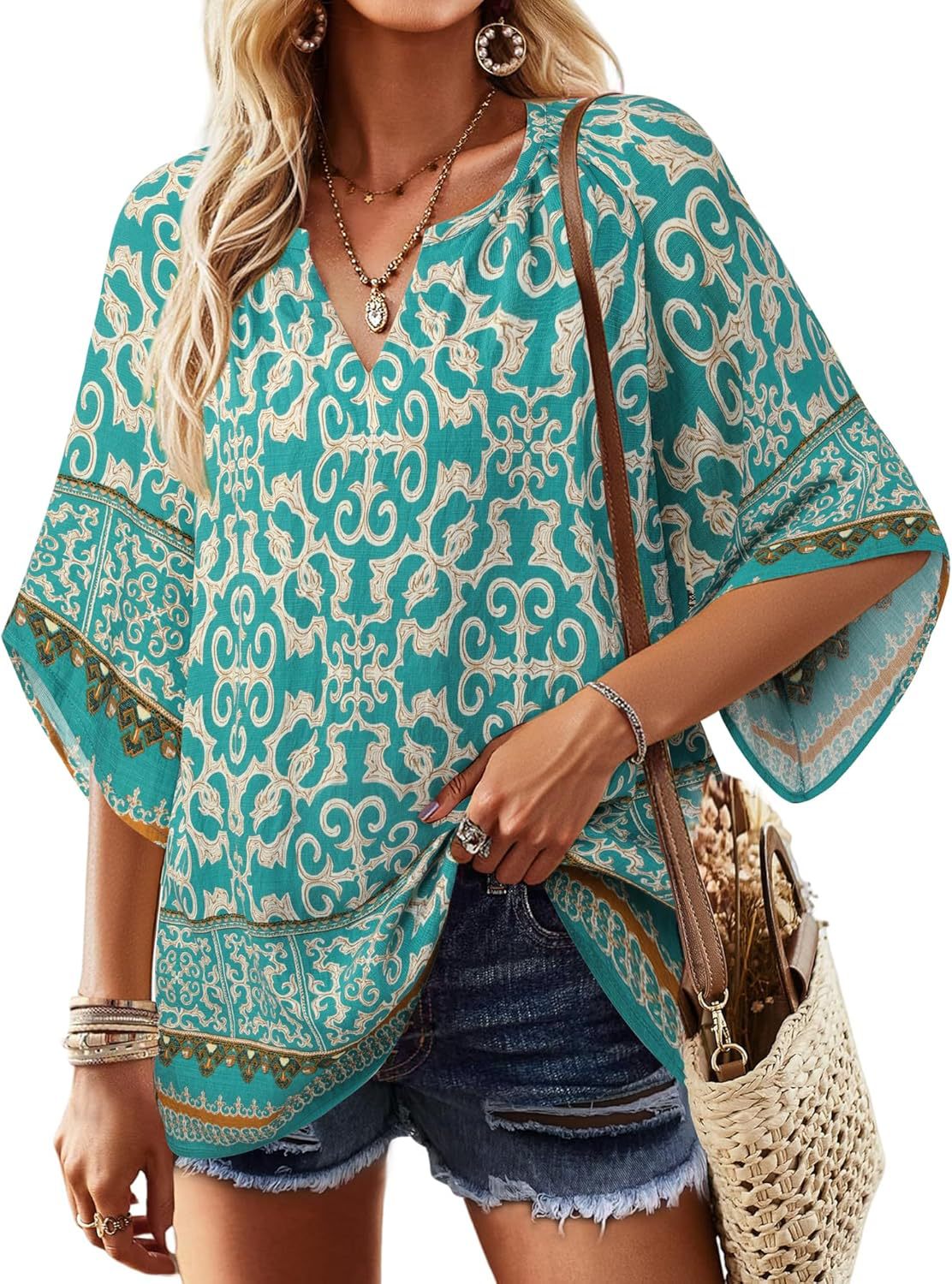 Boho Print Flare Sleeve V Neck Blouse - Teal