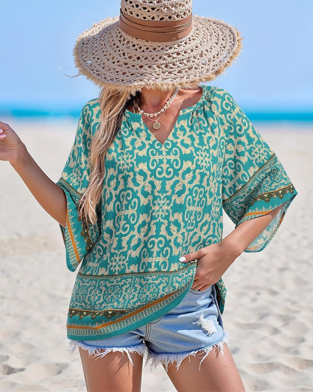 Boho Print Flare Sleeve V Neck Blouse - Teal - 1