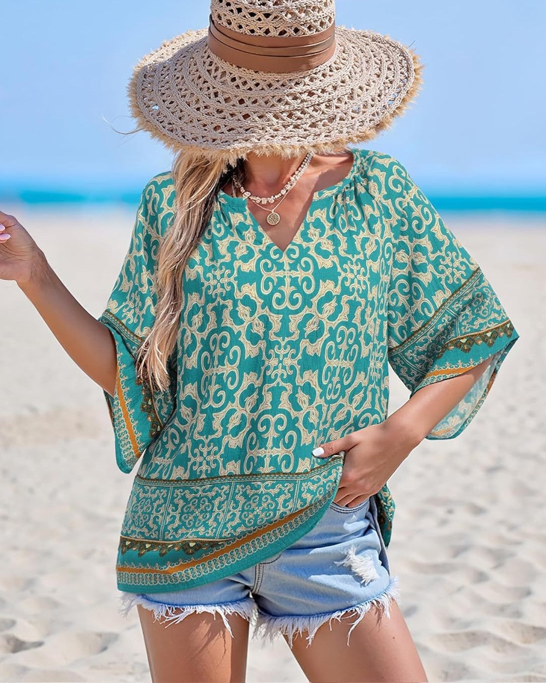 Boho Print Flare Sleeve V Neck Blouse - Teal - 1