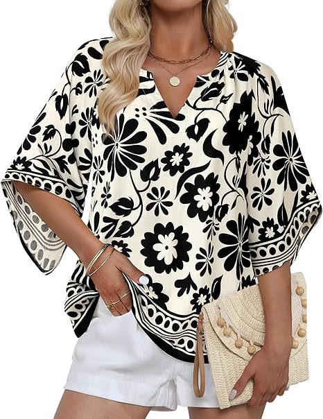 Boho Print Flare Sleeve V Neck Blouse - White