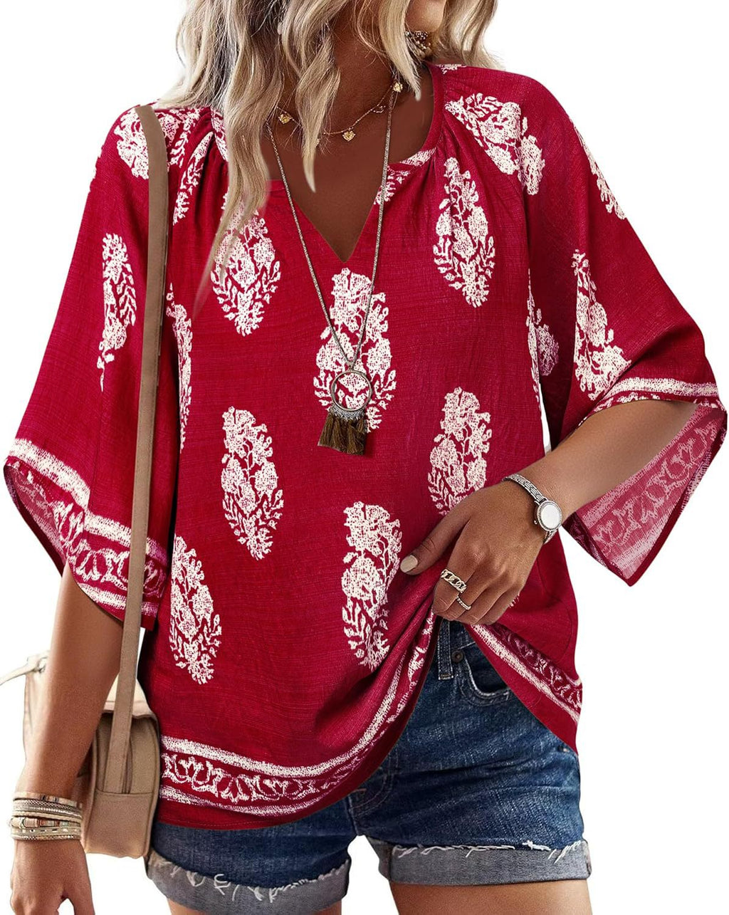 Boho Print Flare Sleeve V Neck Blouse - WineRed