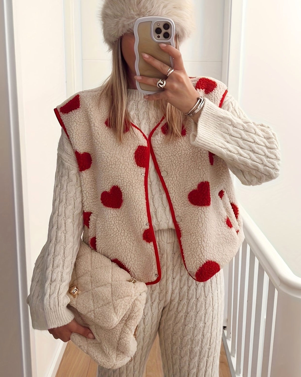 Heart Print Sherpa Button Vest - Beige