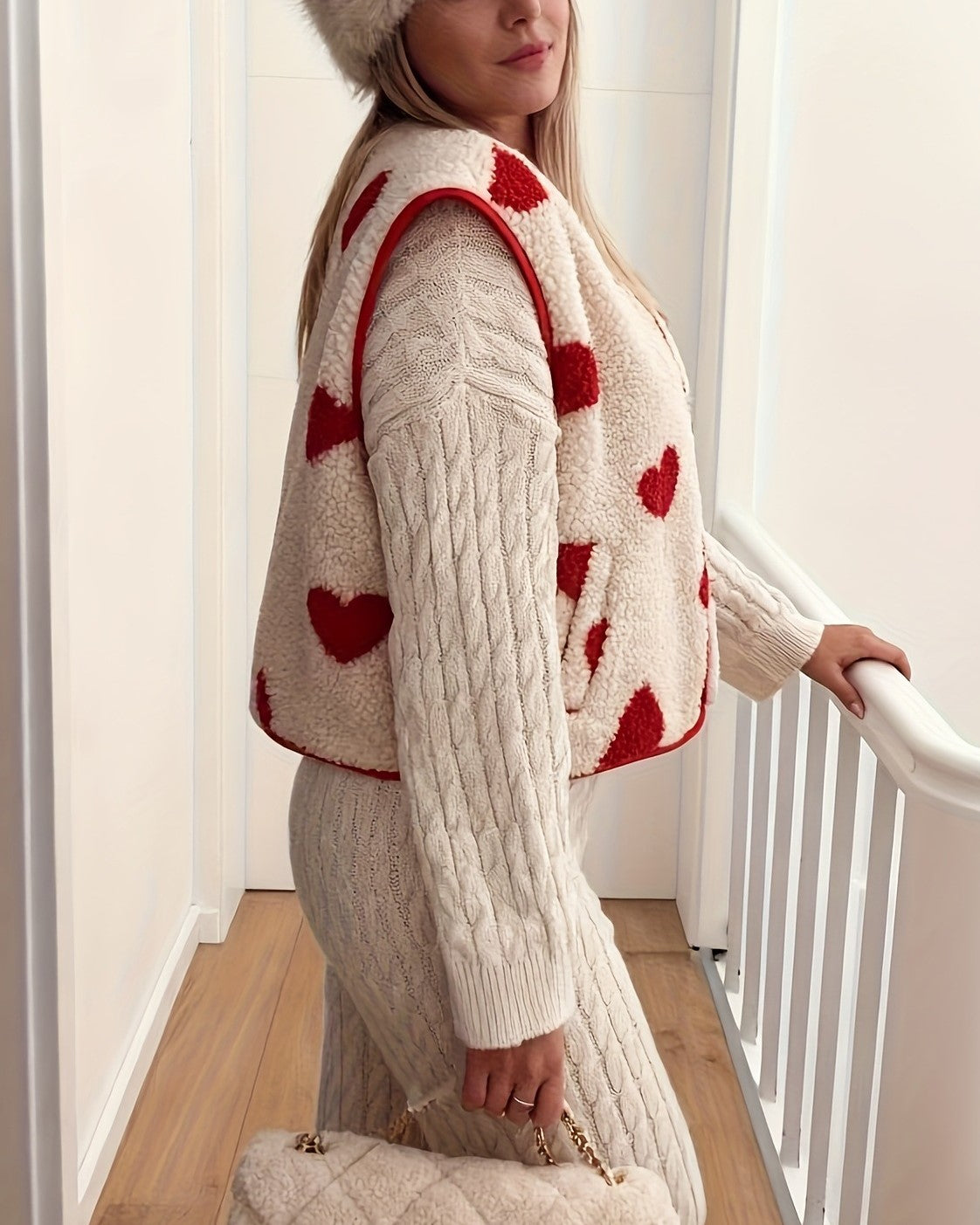 Heart Print Sherpa Button Vest - Beige - 1