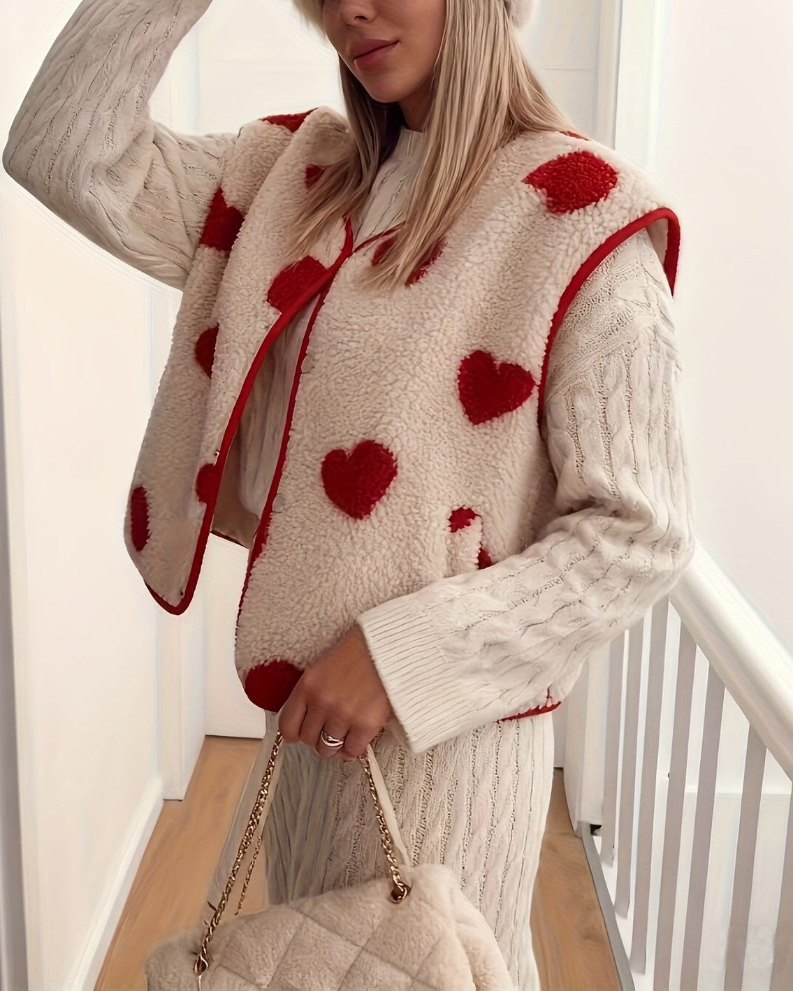 Heart Print Sherpa Button Vest - Beige - 2