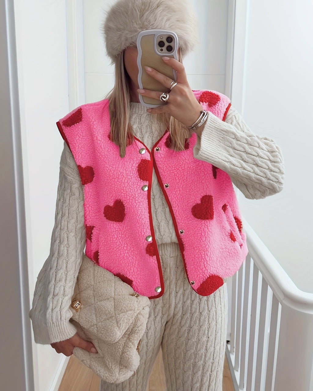 Heart Print Sherpa Button Vest - Pink