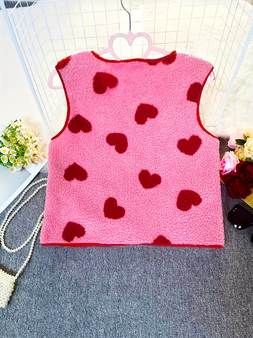 Heart Print Sherpa Button Vest - Pink - 1