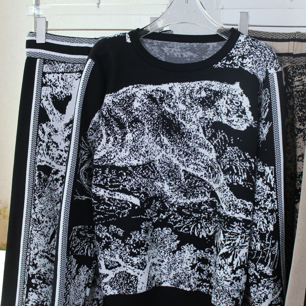 Abstract Jacquard Knit Sweater Lounge Set - Black - 1
