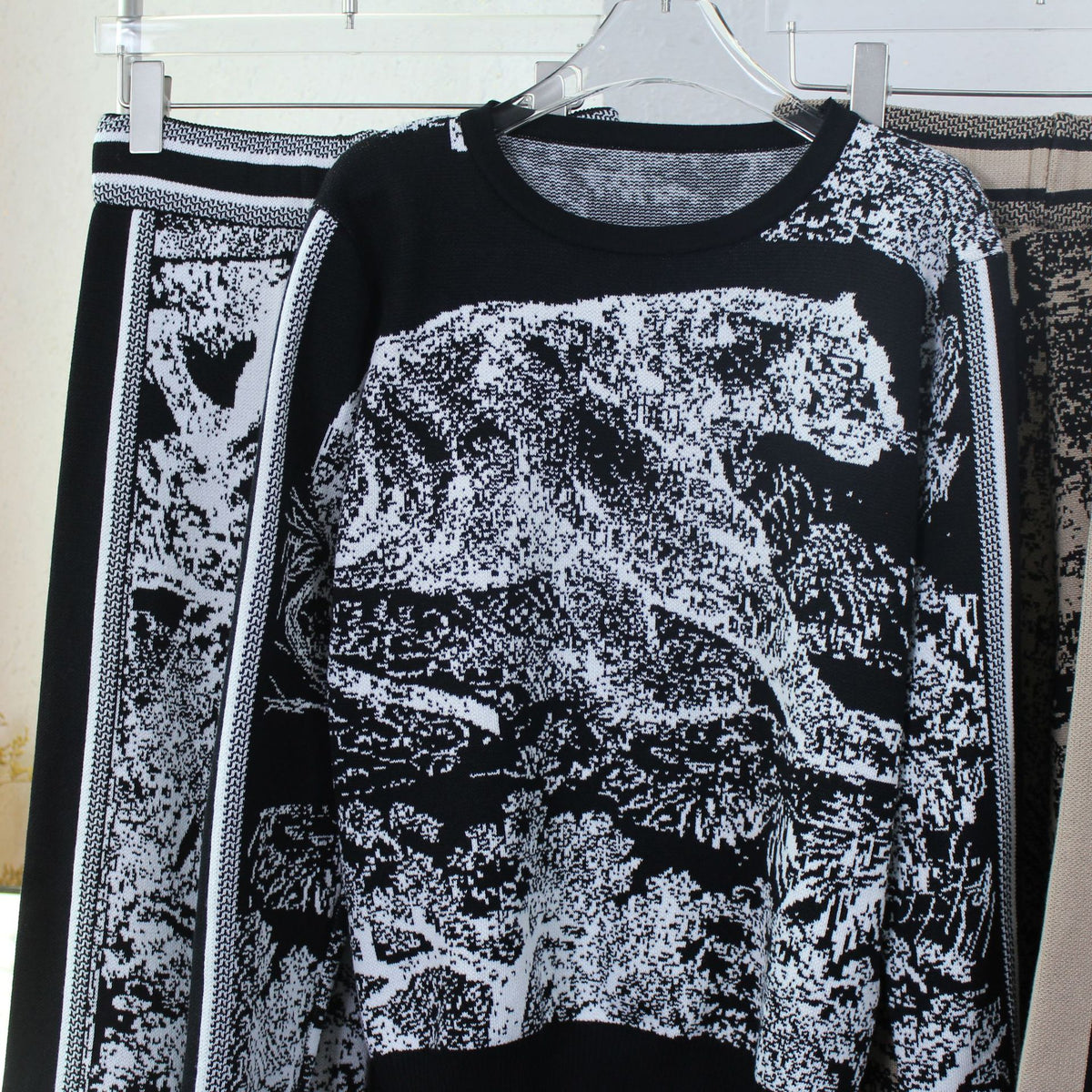 Abstract Jacquard Knit Sweater Lounge Set - Black - 1