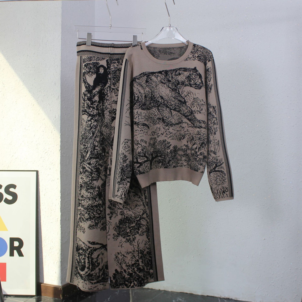 Abstract Jacquard Knit Sweater Lounge Set - Brown