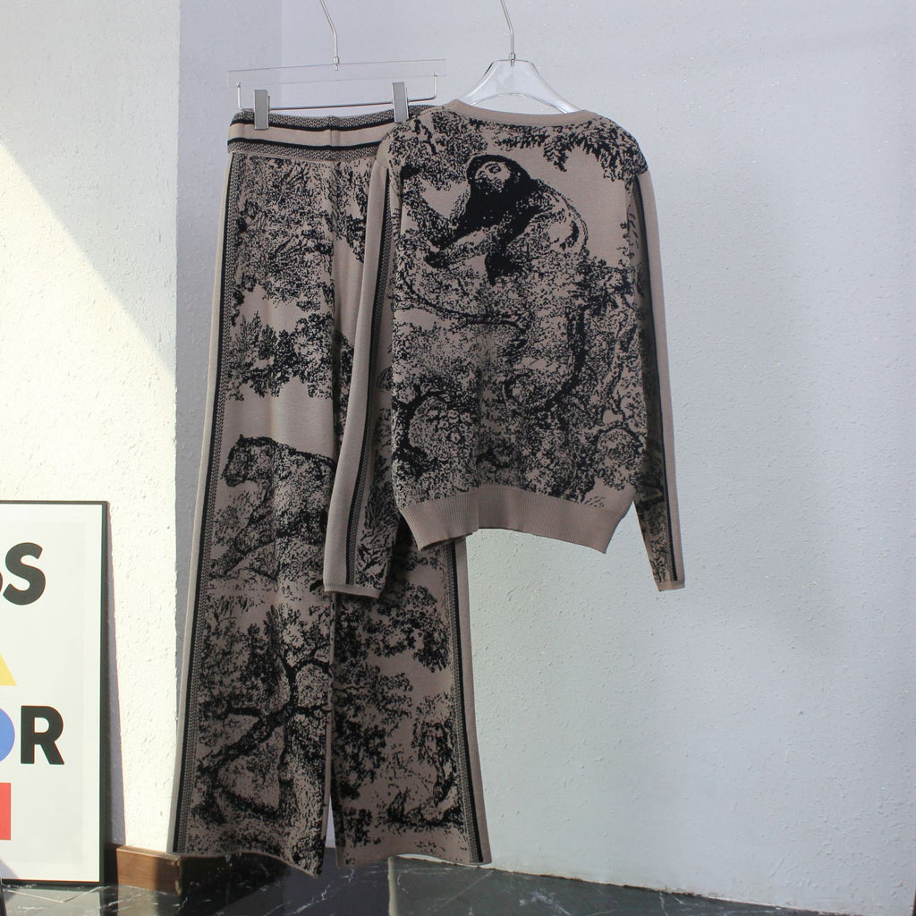 Abstract Jacquard Knit Sweater Lounge Set - Brown - 1