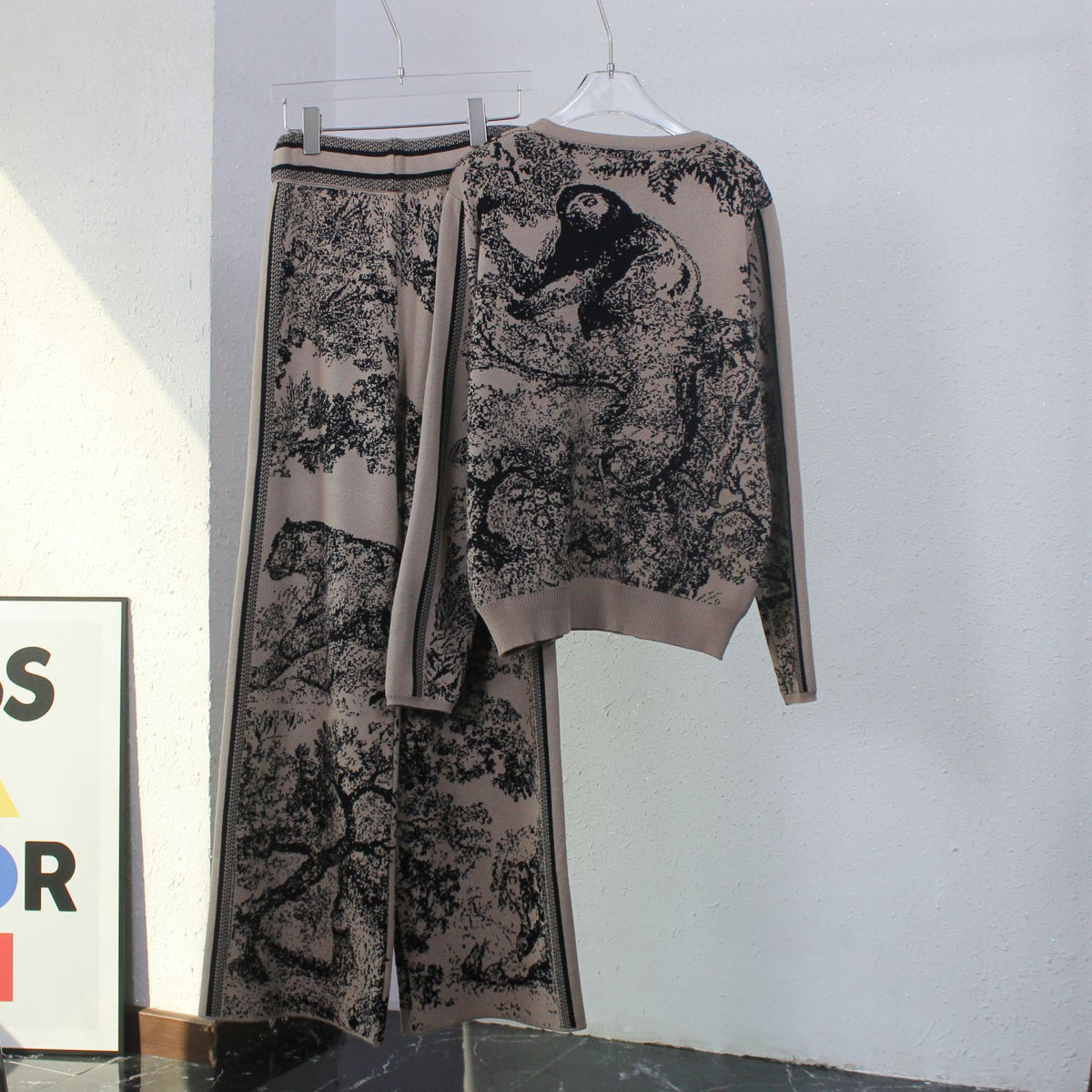 Abstract Jacquard Knit Sweater Lounge Set - Brown - 1