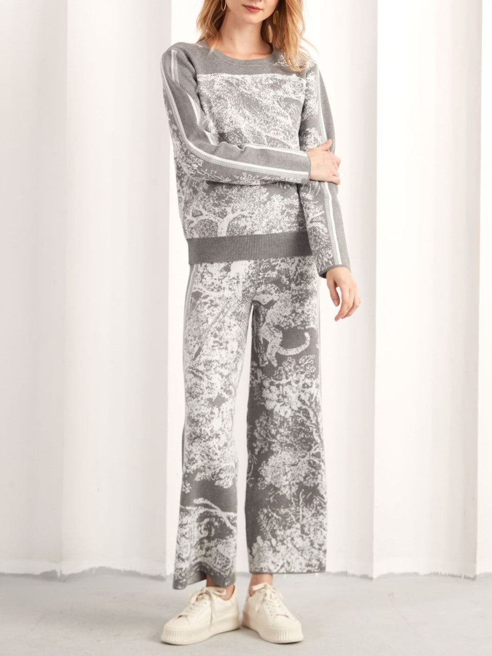 Abstract Jacquard Knit Sweater Lounge Set - Grey - 1