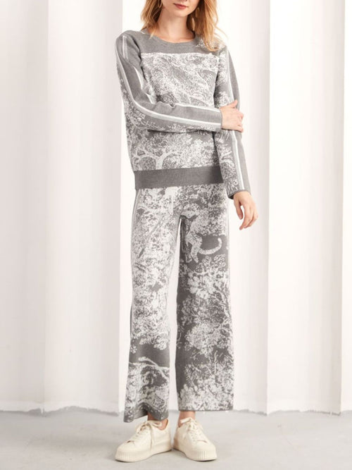 Abstract Jacquard Knit Sweater Lounge Set - Grey - 1