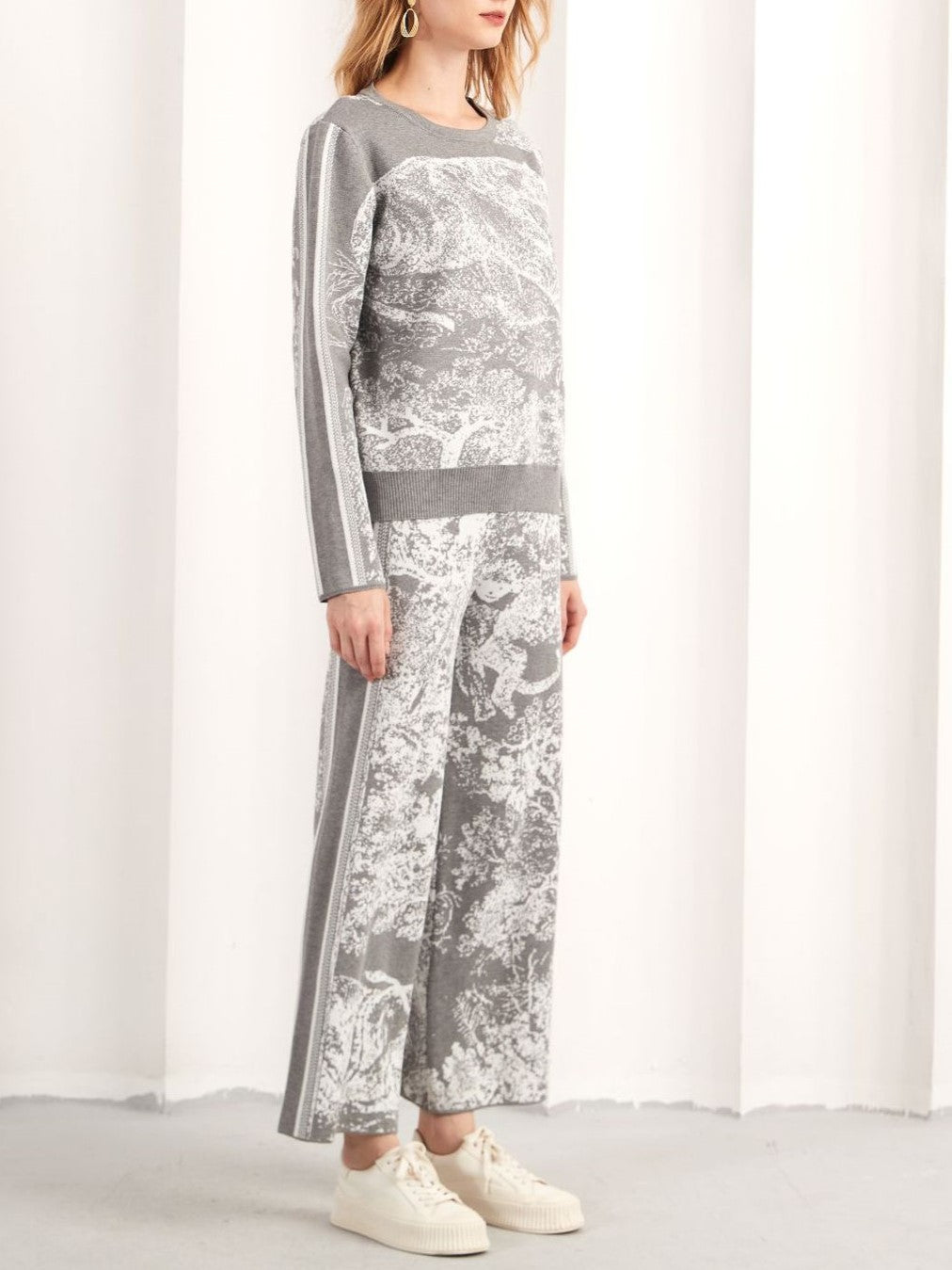 Abstract Jacquard Knit Sweater Lounge Set - Grey - 2