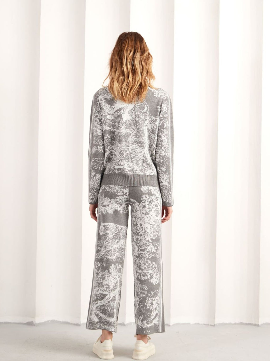 Abstract Jacquard Knit Sweater Lounge Set - Grey - 3