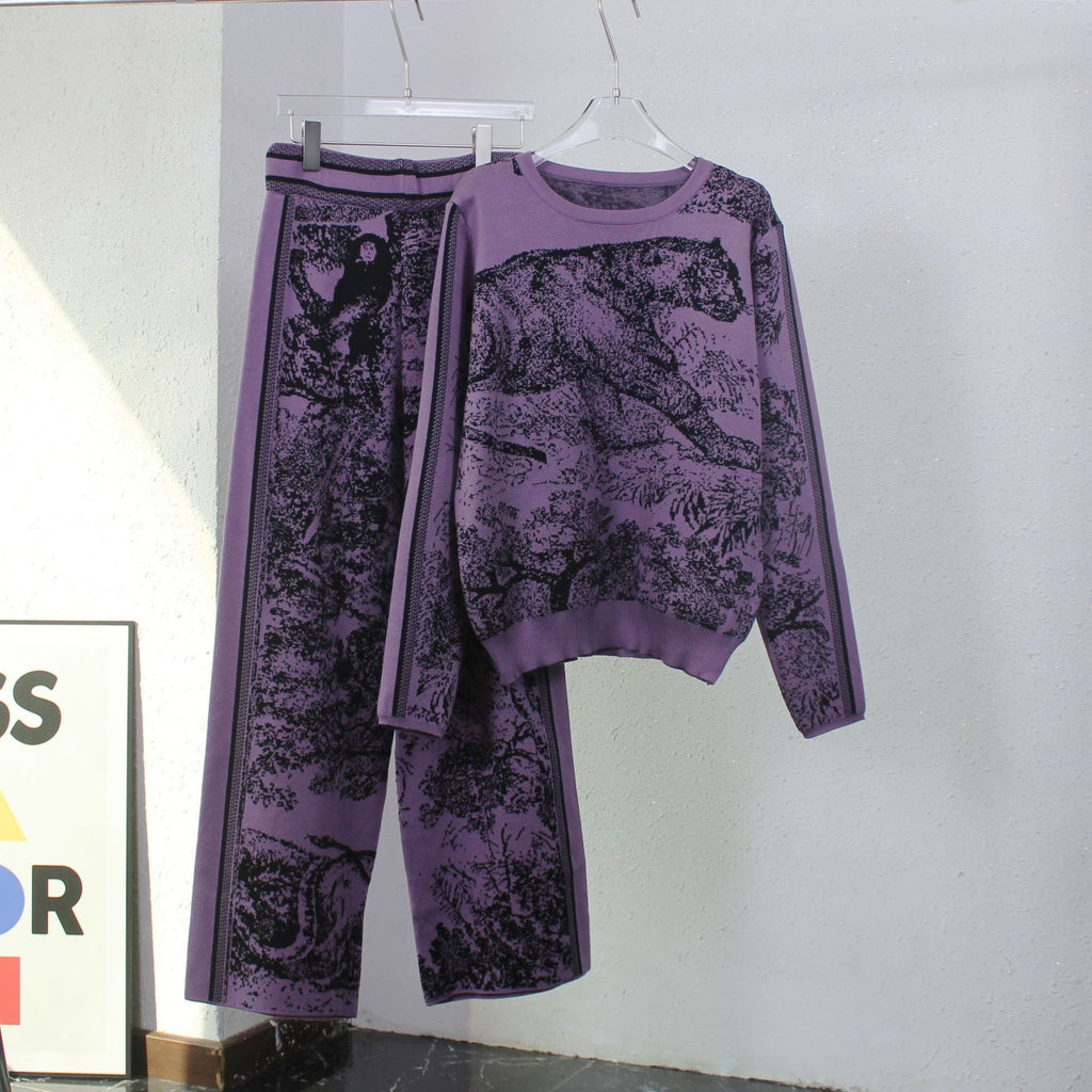 Abstract Jacquard Knit Sweater Lounge Set - Purple