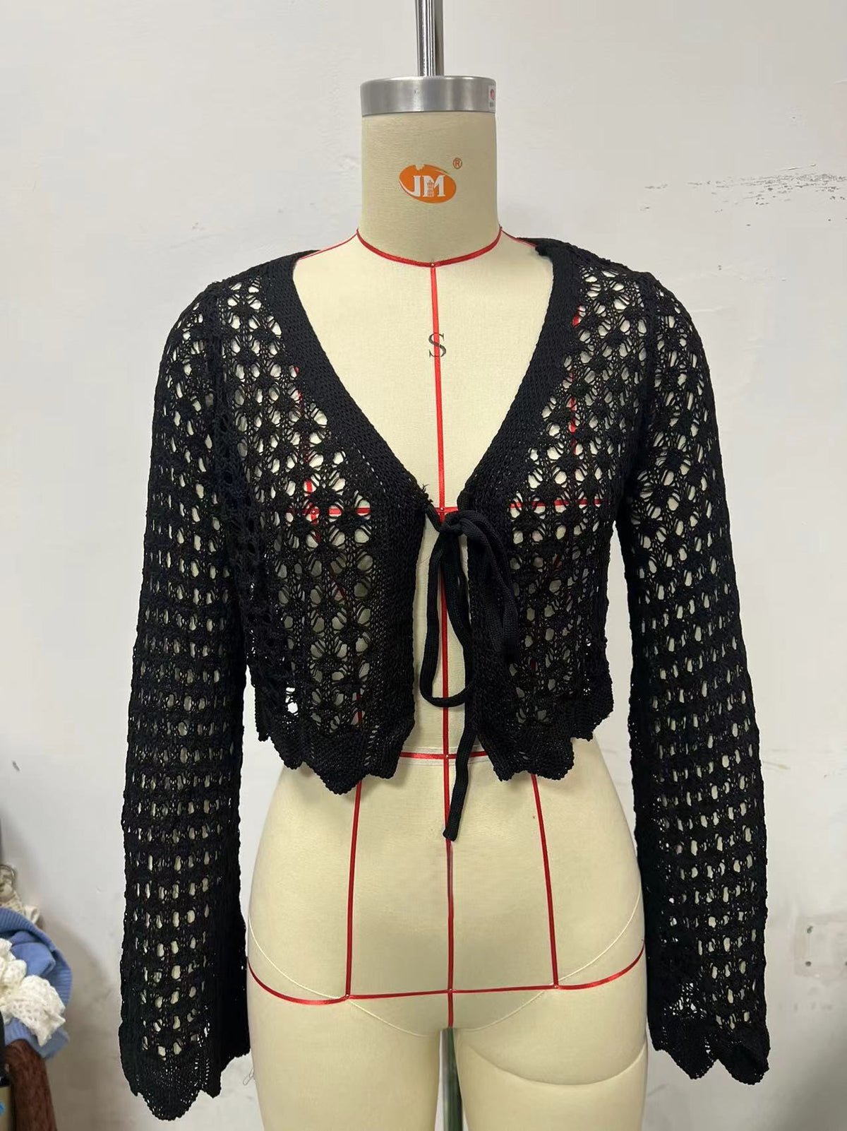 Open Crochet Knit Tie Front Crop Cardigan - Black
