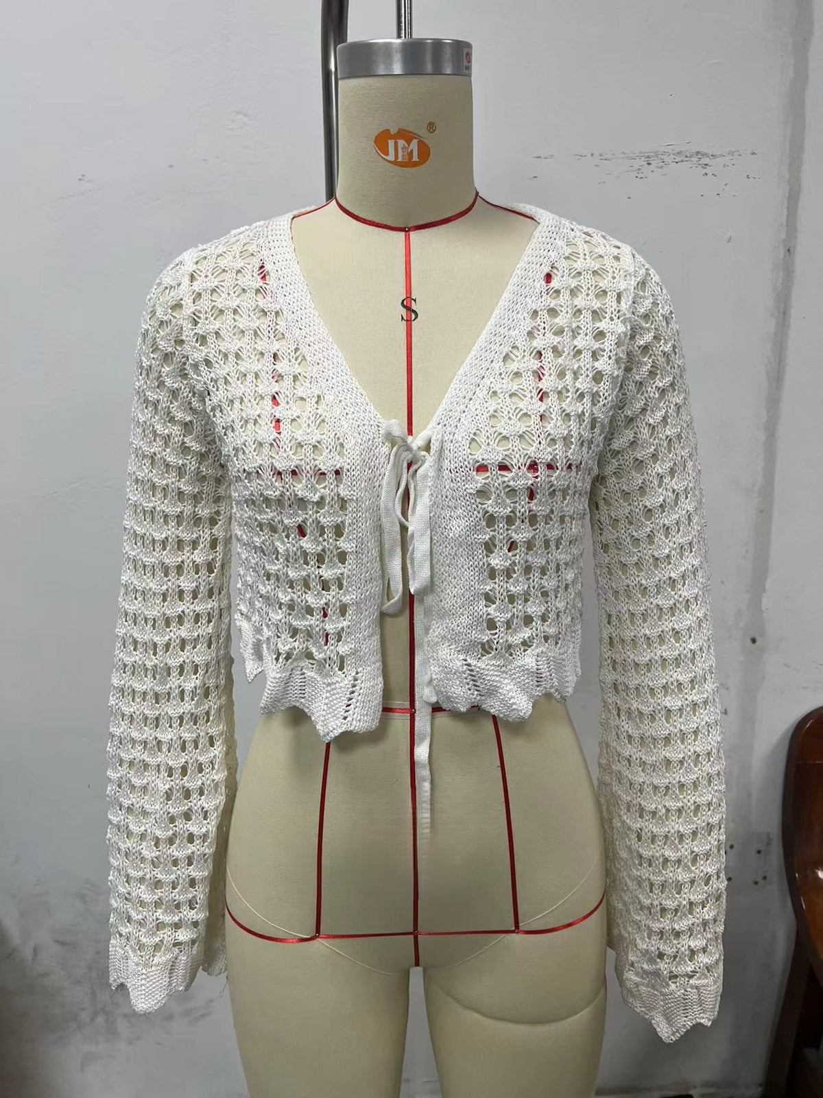 Open Crochet Knit Tie Front Crop Cardigan - White