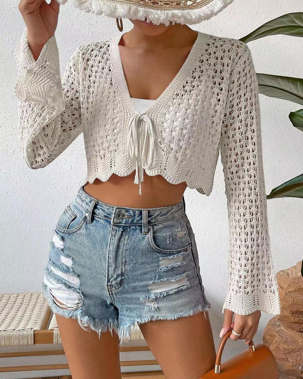 Open Crochet Knit Tie Front Crop Cardigan - White - 1